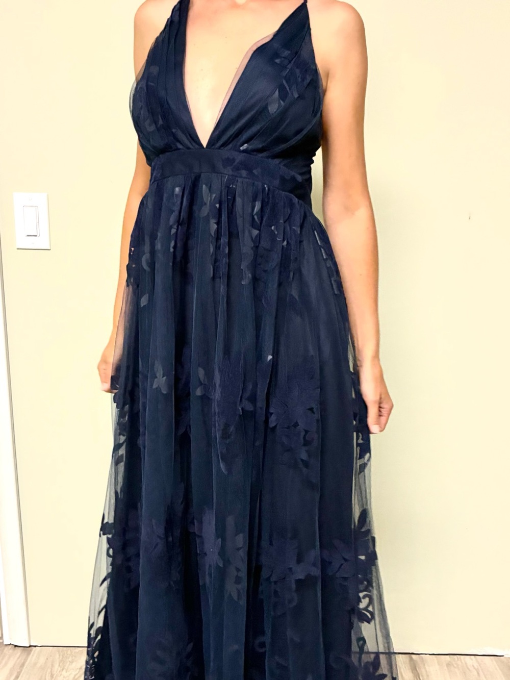 Luxxel Navy Formal V-neck Maxi Dress: Fits like size 4 to 6.